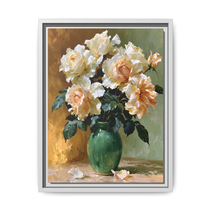 Rose wall art framed canvas print in a white wood frame