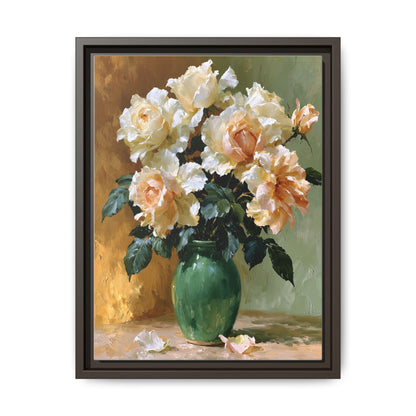 Rose wall art framed canvas print in an espresso wood frame
