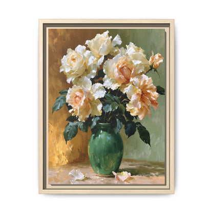 Rose wall art framed canvas print in a natural wood frame