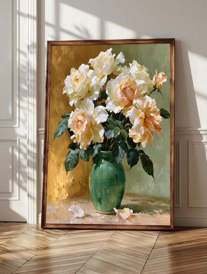 Rose wall art: a layered garden rose bouquet in thick Van Gogh style impasto