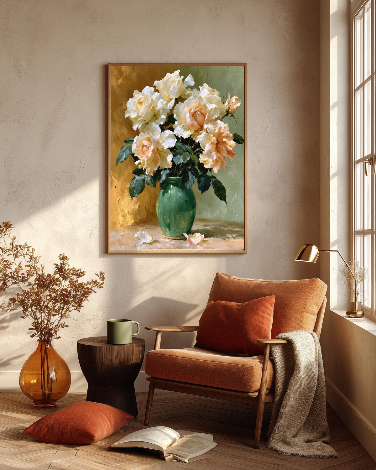 Floral rose framed canvas print in a solid wood frame, ready to hang