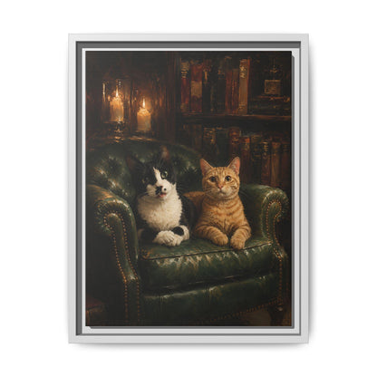 Tuxedo Cat wall art framed canvas print in a white wood frame