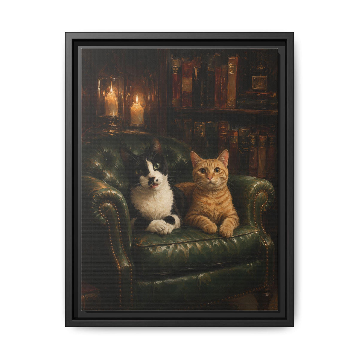 Tuxedo Cat wall art framed canvas print in a black wood frame