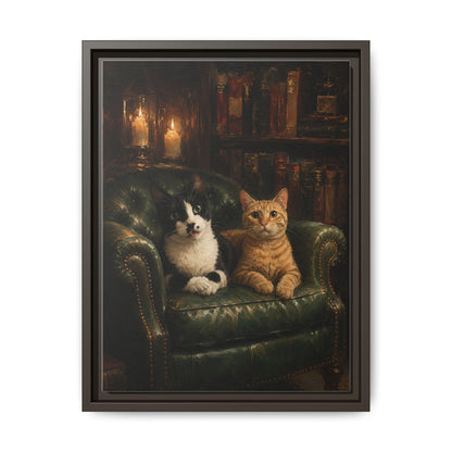 Tuxedo Cat wall art framed canvas print in an espresso wood frame