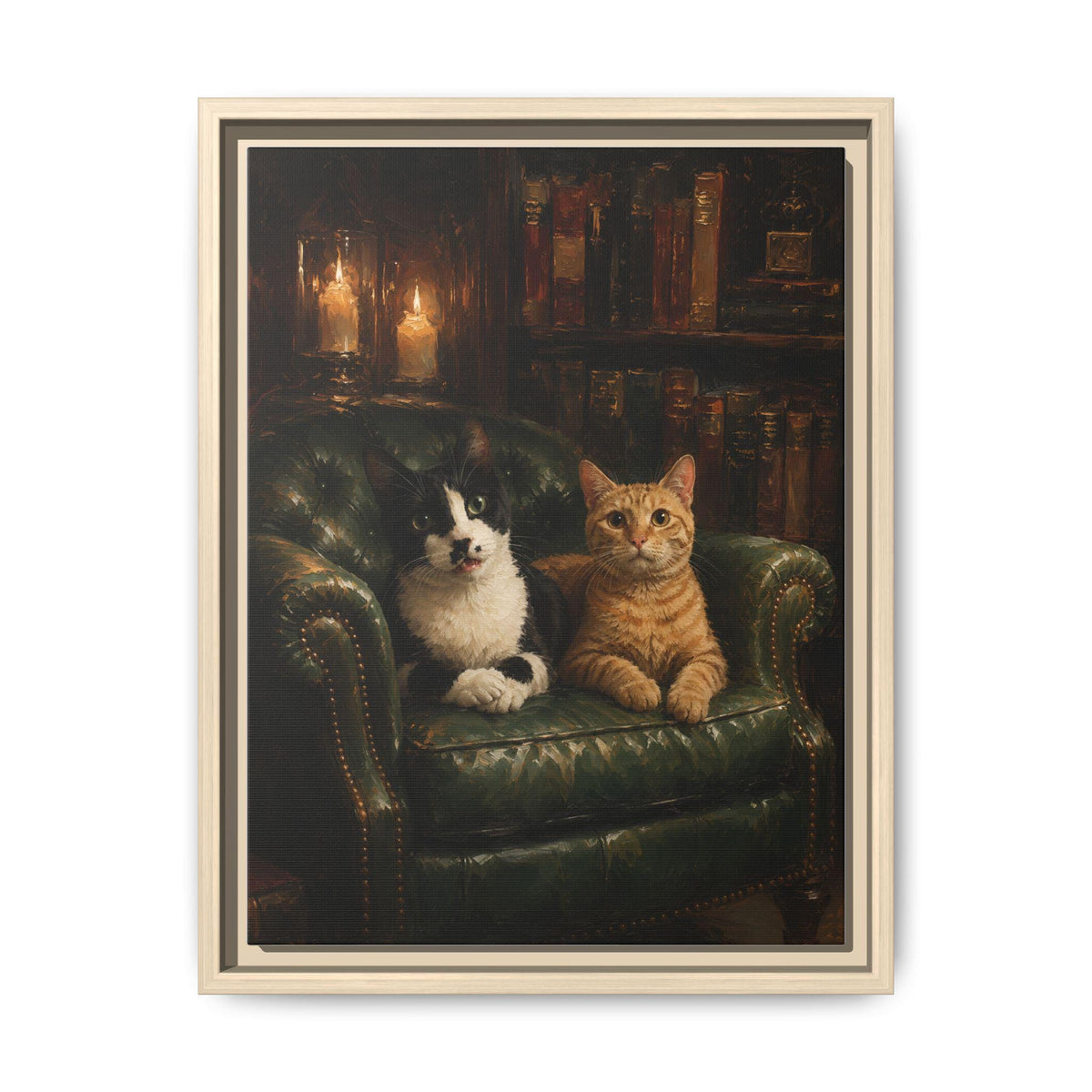 Tuxedo Cat wall art framed canvas print in a natural wood frame