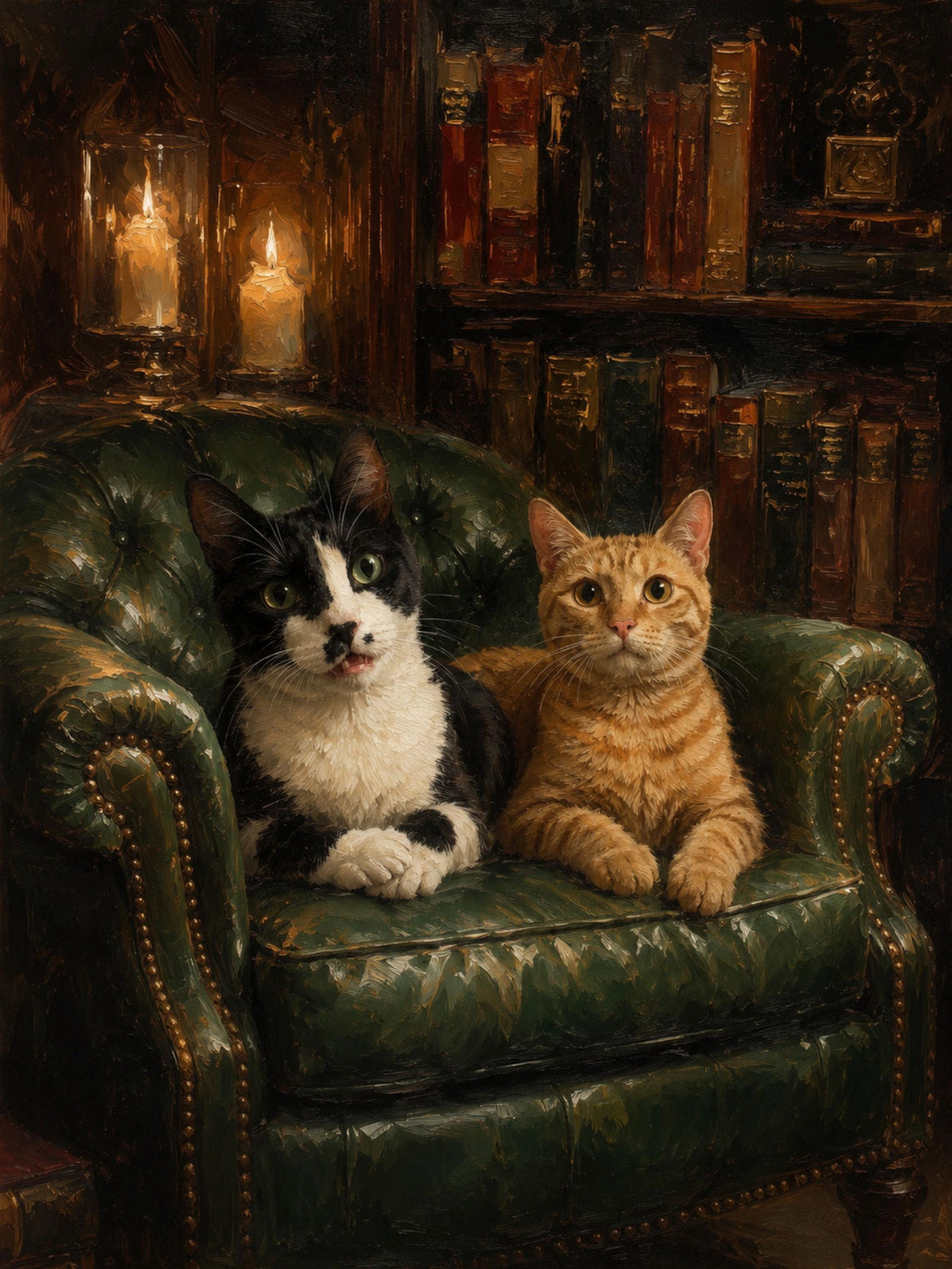 Painterly tuxedo cat canvas print with green eyes fixed steadily forward