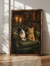 Tuxedo cat wall art: a cat claiming the left side of a leather Chesterfield, framed canvas print