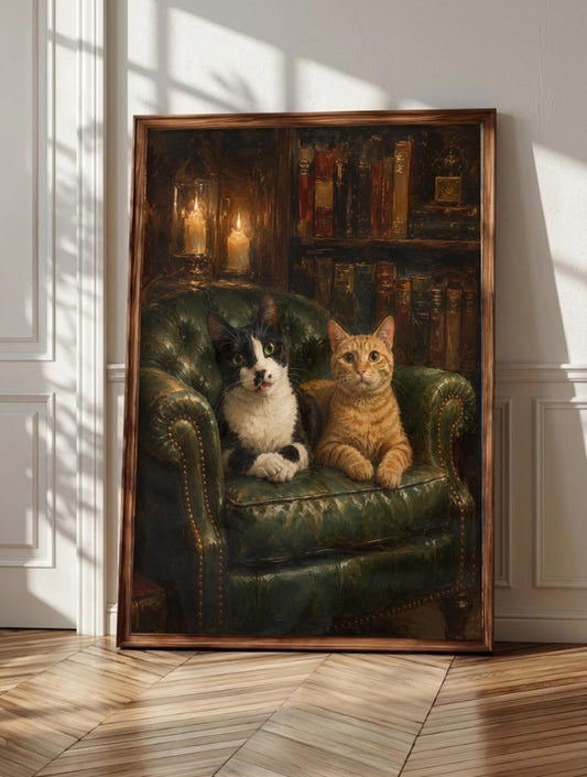 Tuxedo cat wall art: a cat claiming the left side of a leather Chesterfield, framed canvas print