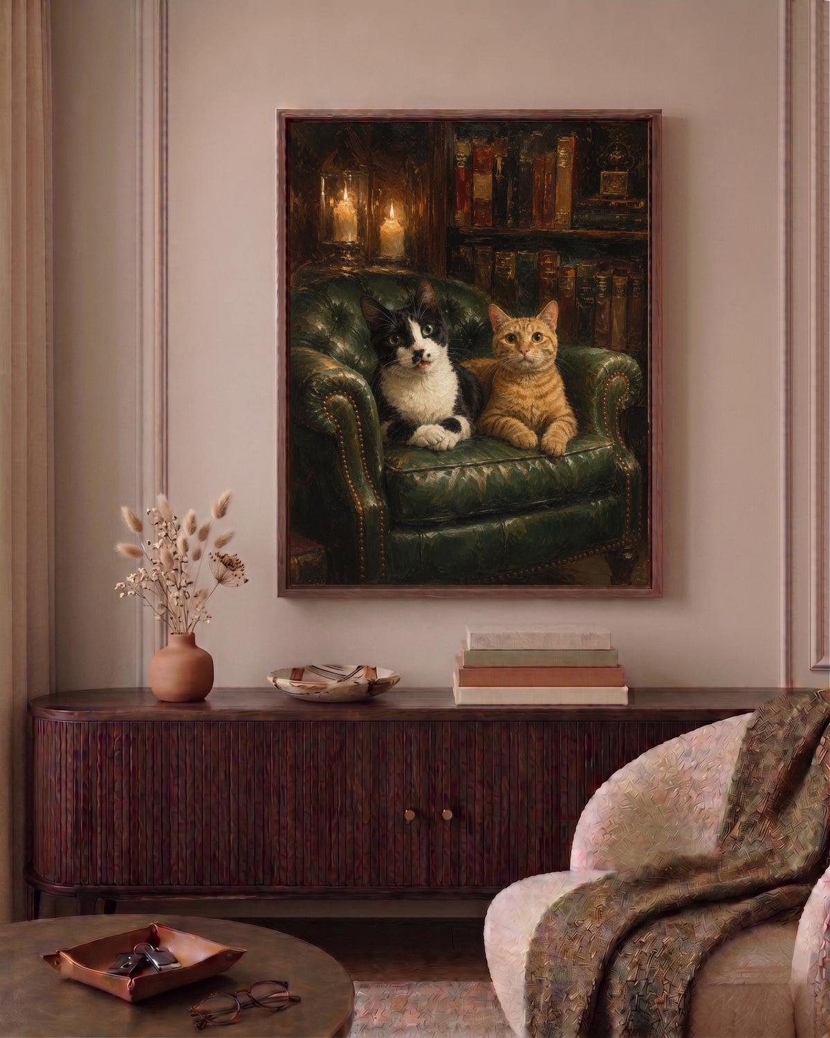 Library cat framed canvas art set in a solid wood frame, ready to hang