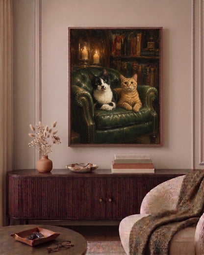 Library cat framed canvas art set in a solid wood frame, ready to hang