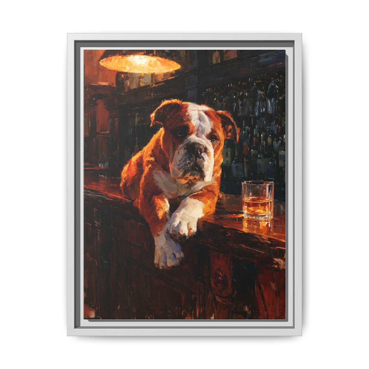 English Bulldog wall art framed canvas print in a white wood frame