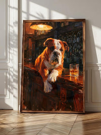 English Bulldog wall art: a bulldog leaning on a lamplit bar beside whiskey on the rocks