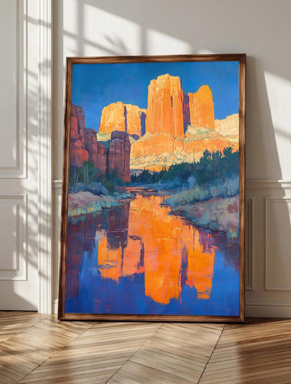 Sedona wall art: Cathedral Rock burning orange at golden hour above Oak Creek