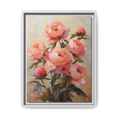 Peony wall art framed canvas print in a white wood frame