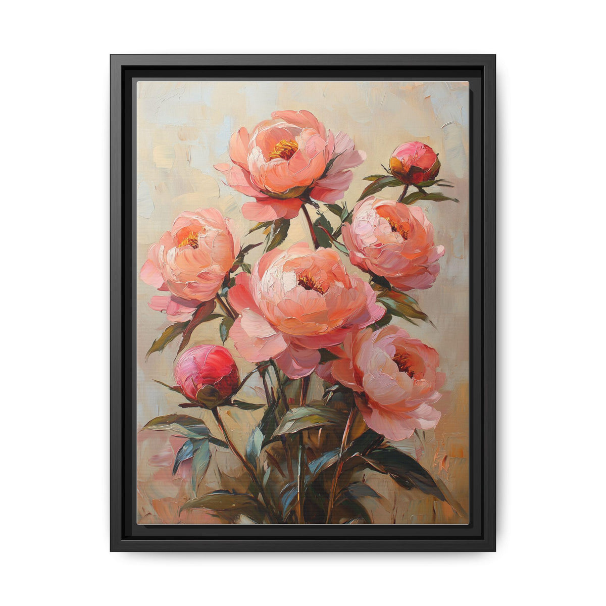 Peony wall art framed canvas print in a black wood frame