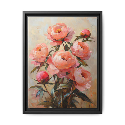 Peony wall art framed canvas print in a black wood frame