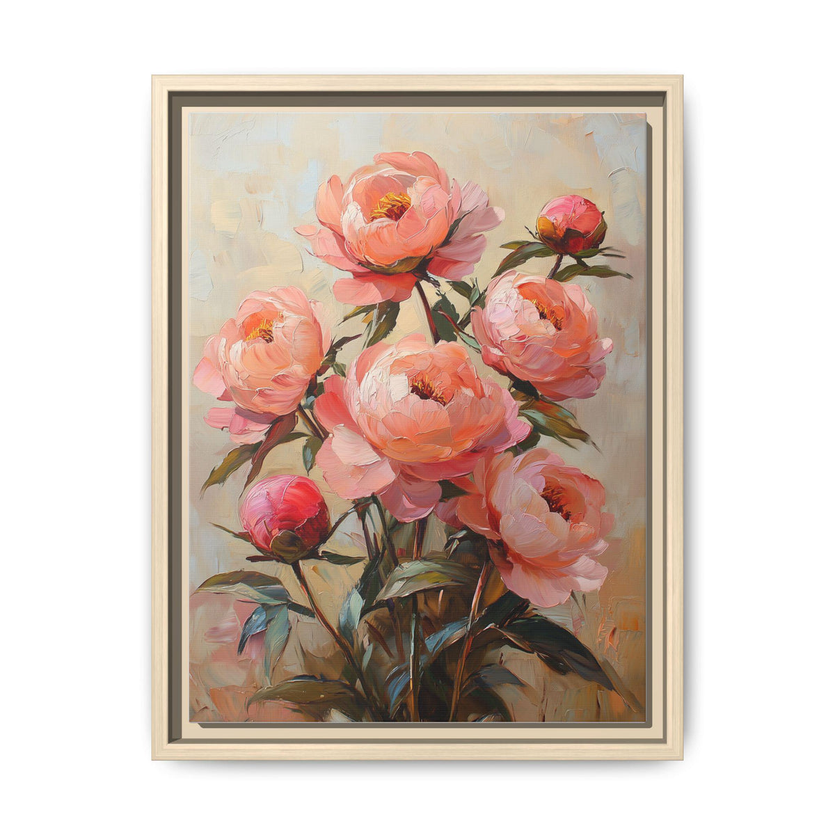 Peony wall art framed canvas print in a natural wood frame