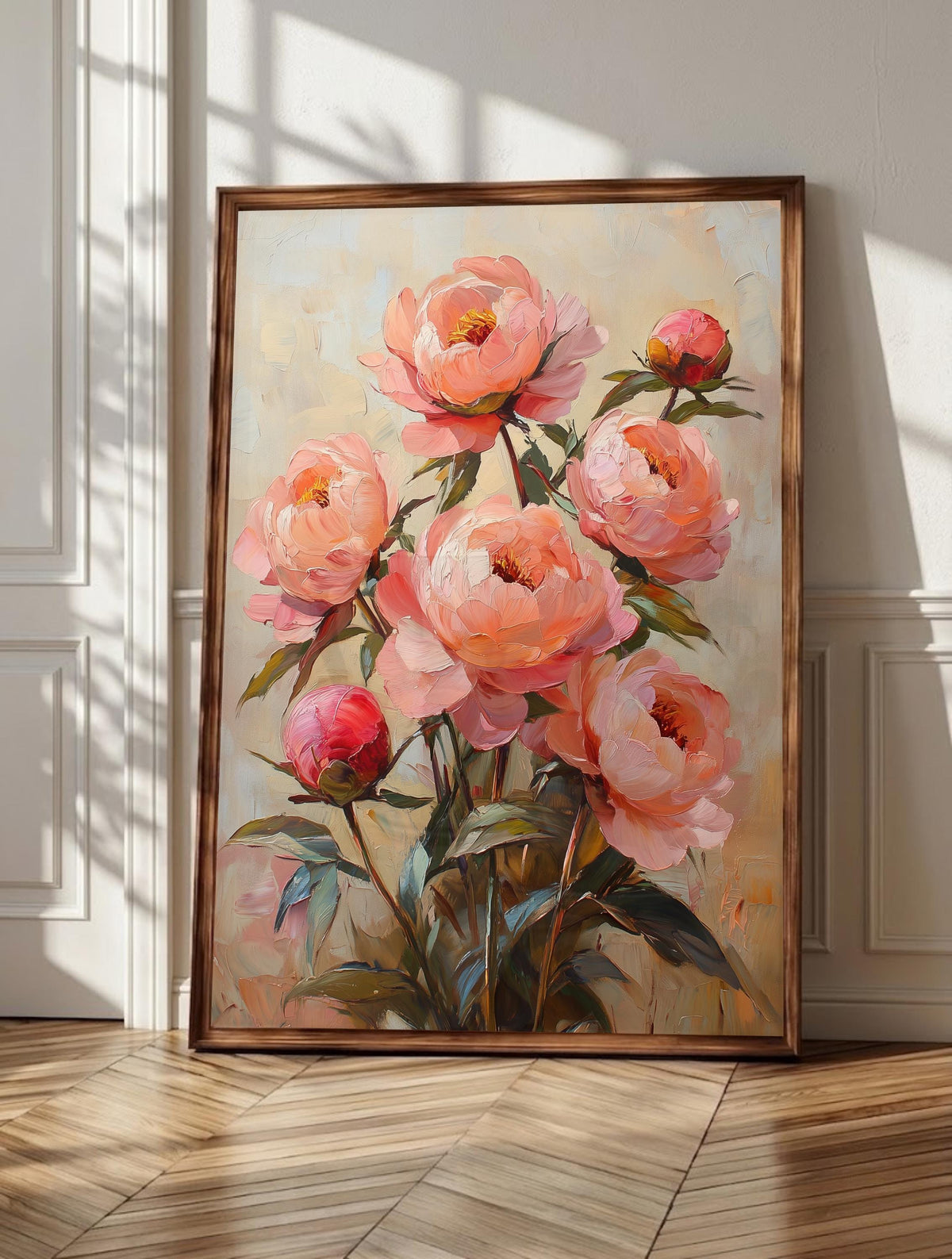 Peony wall art: six wide-open blooms in coral and blush pink with golden stamens