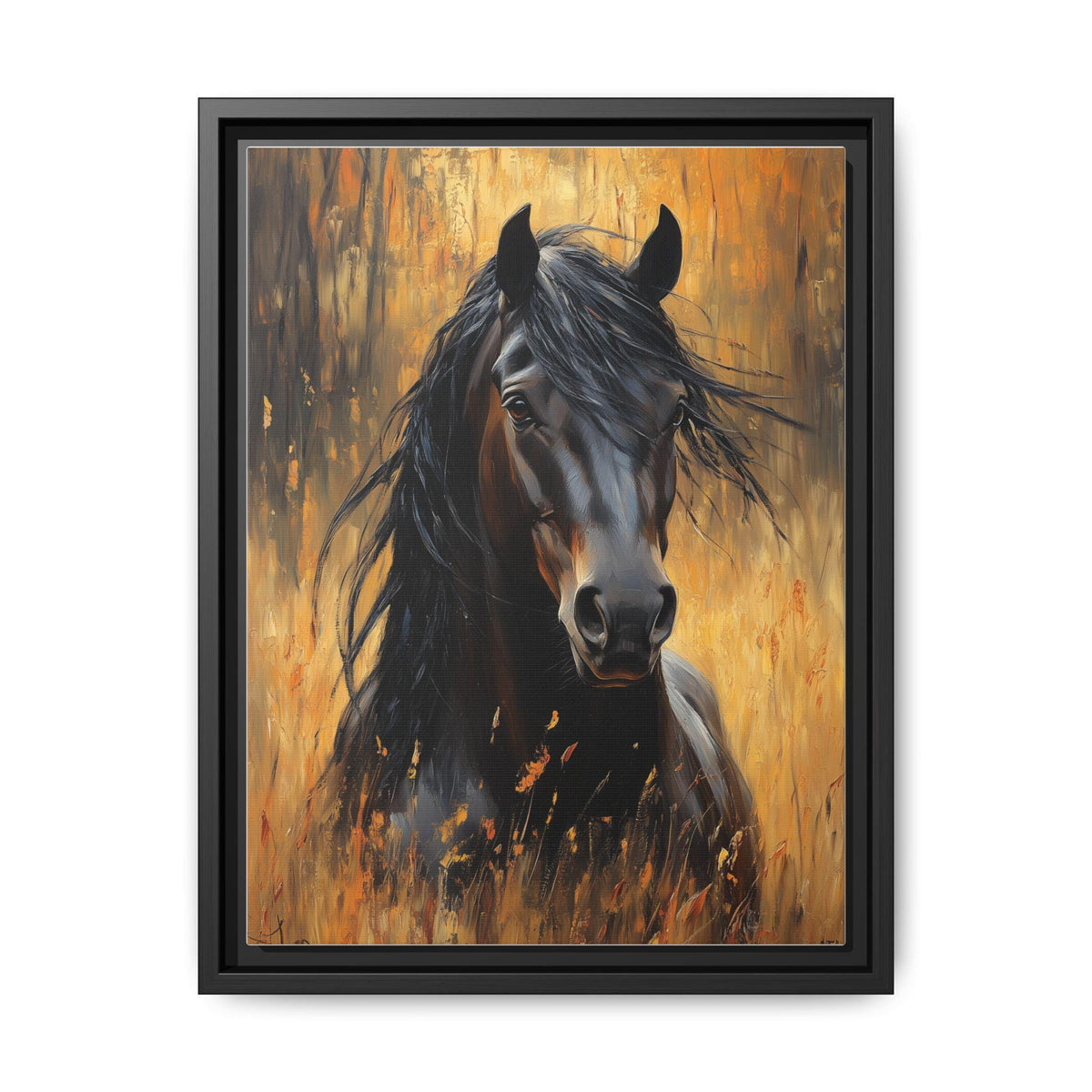 Horse wall art framed canvas print in a black wood frame