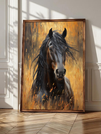 Horse wall art: an equine portrait with a windswept mane, painterly framed canvas print