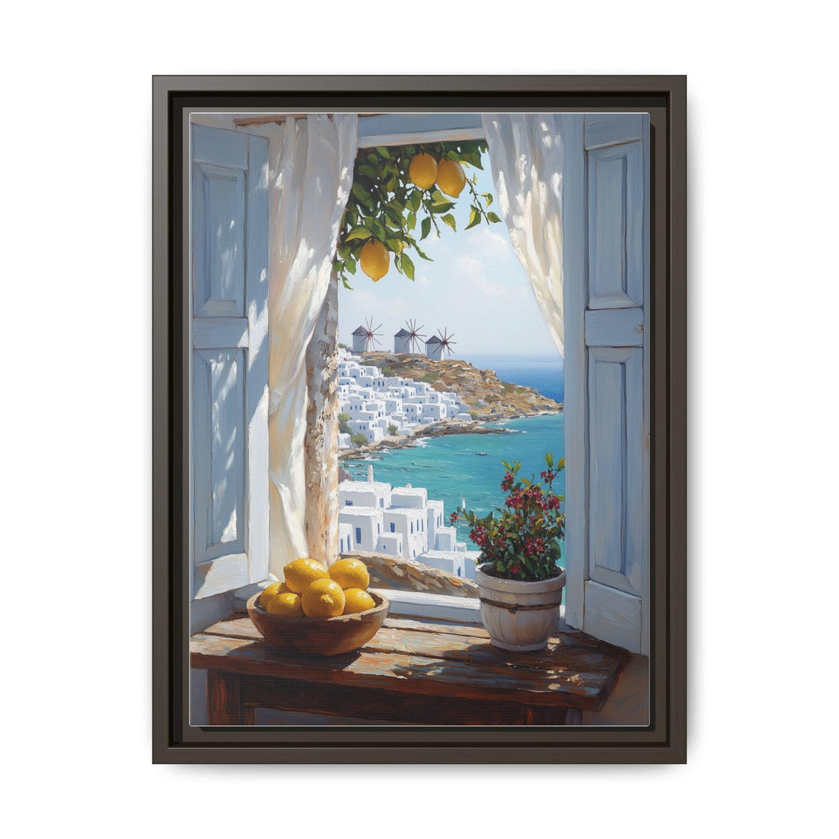 Mykonos wall art framed canvas print in an espresso wood frame