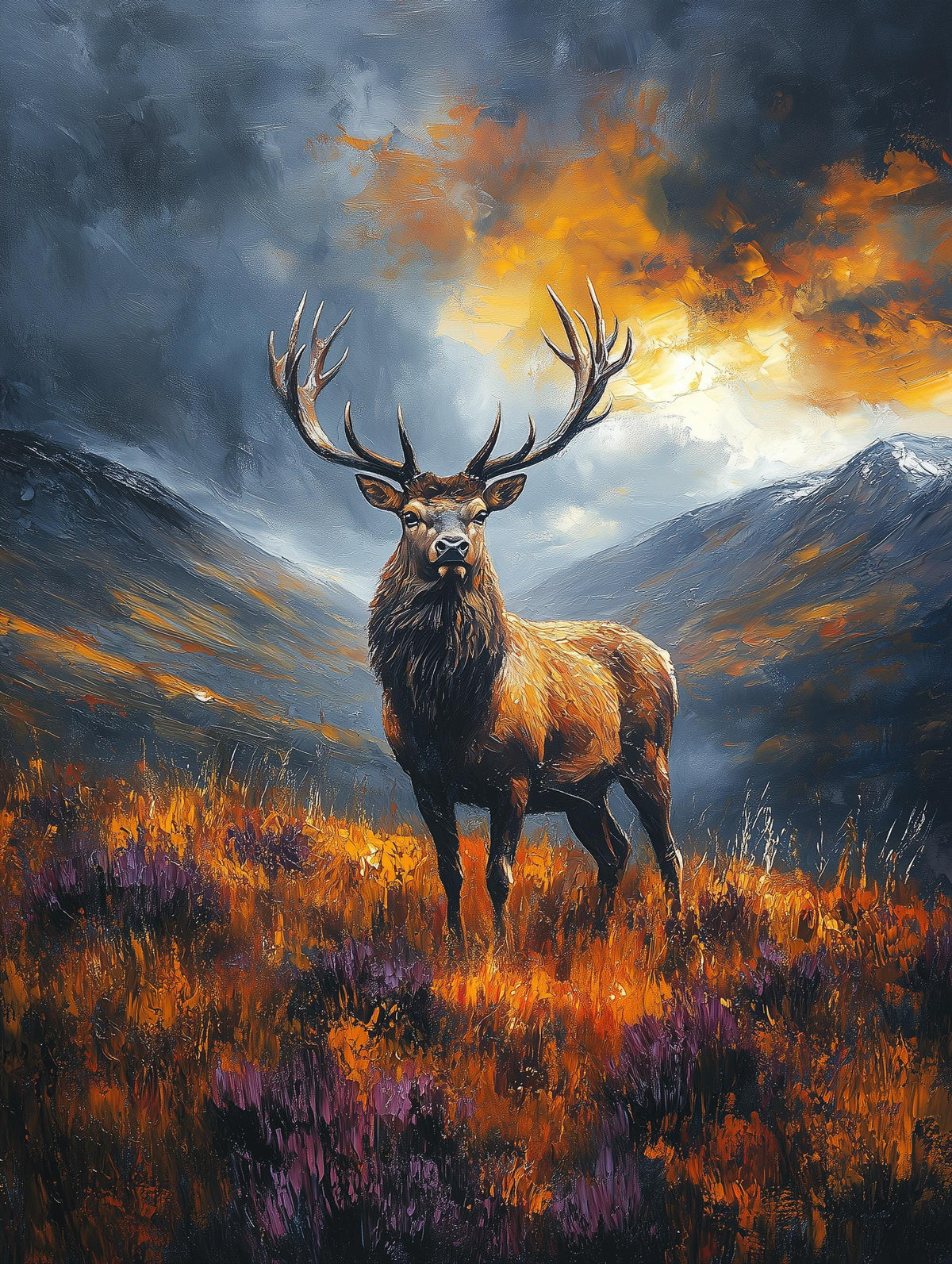 Painterly deer canvas print against a breaking storm sky over the moors