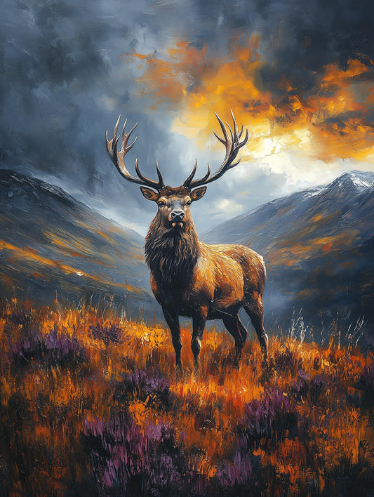 Painterly deer canvas print against a breaking storm sky over the moors