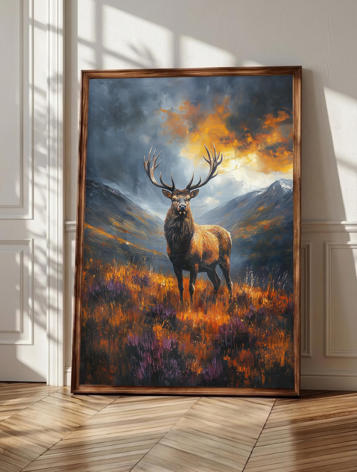 Stag wall art: a highland stag turning on the hillside with antlers raised
