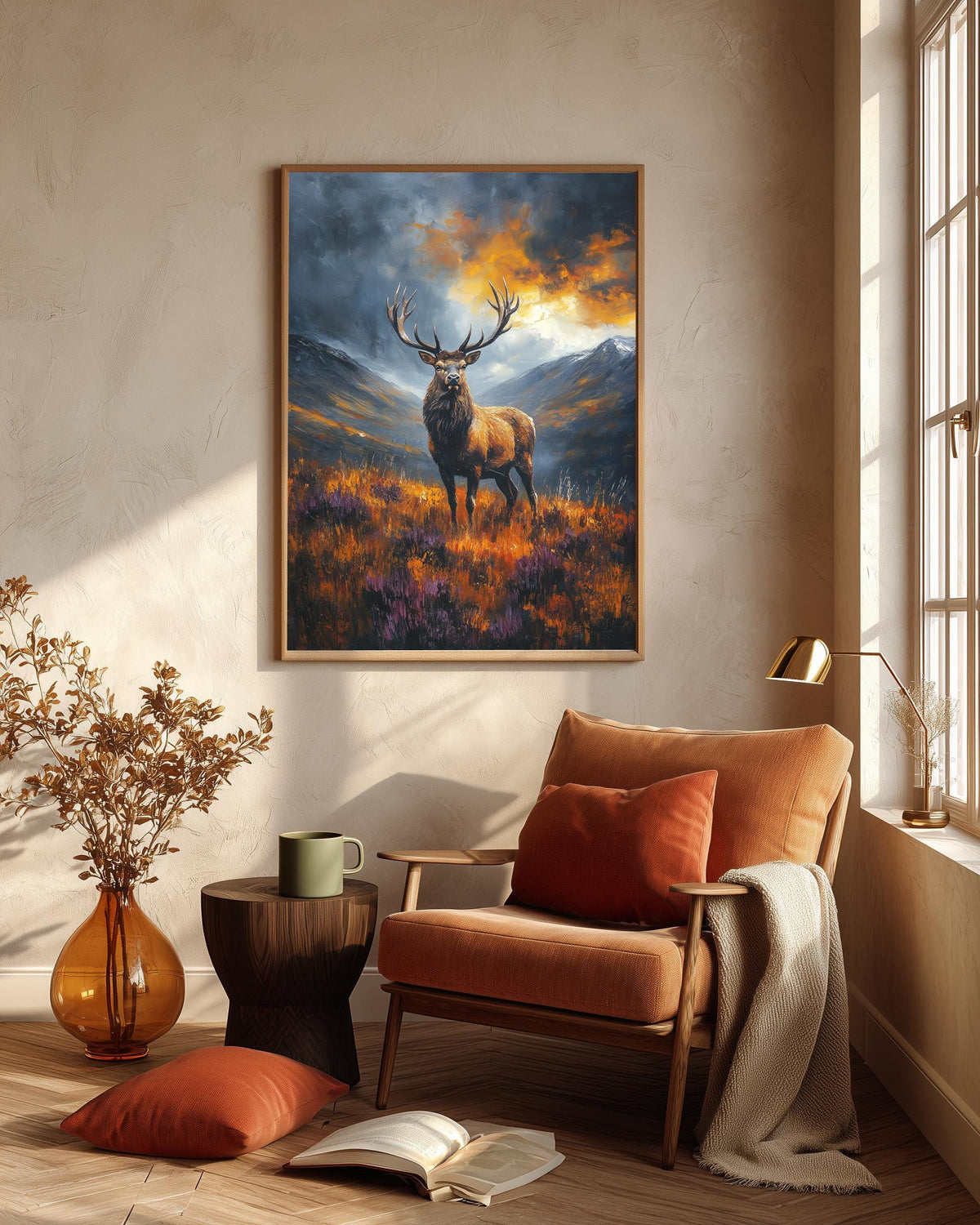 Oil-painting style highland deer art on cotton canvas, made to order in seven sizes