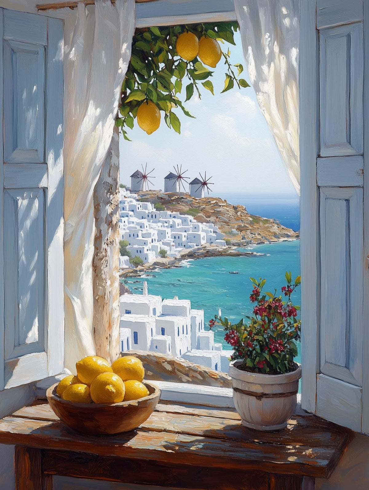 Painterly Mykonos canvas print with the island windmills beyond a bowl of lemons