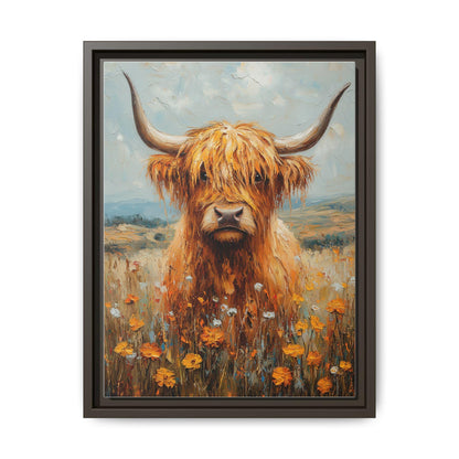 Highland Cow wall art framed canvas print in an espresso wood frame