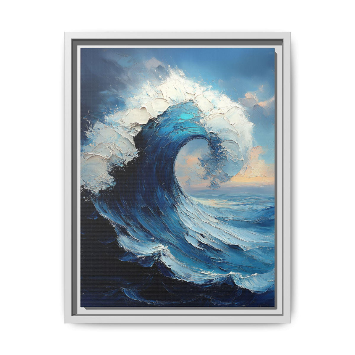 Ocean wall art framed canvas print in a white wood frame