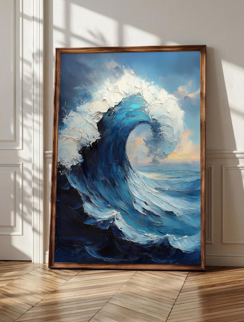 Ocean wall art: a breaking wave caught mid-curl in thick, restless oils