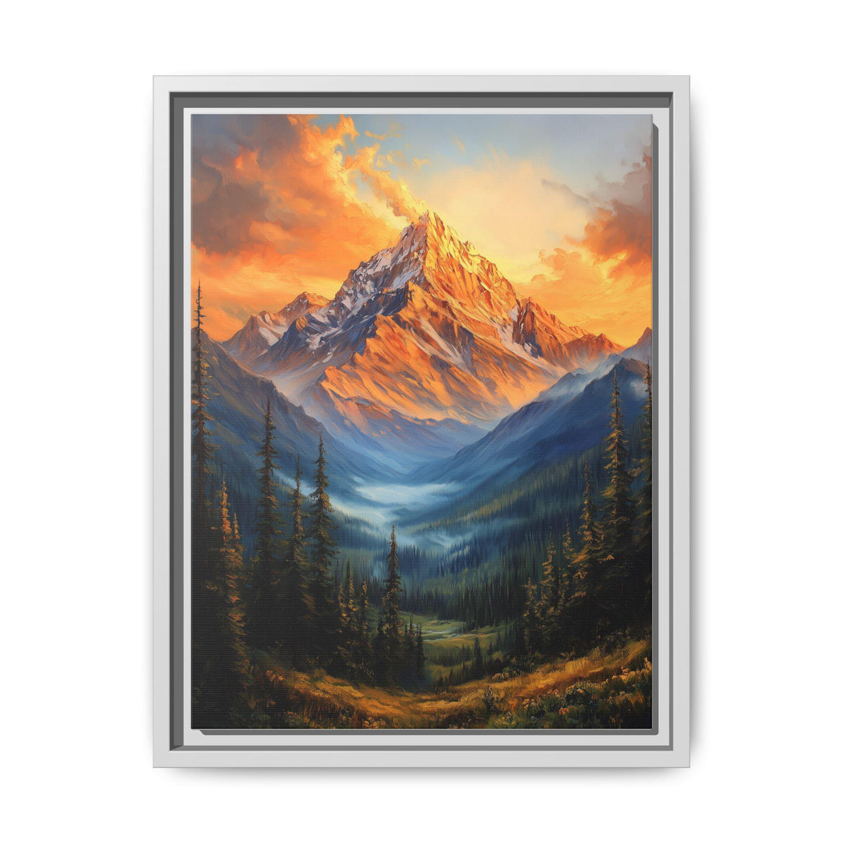 Mountain wall art framed canvas print in a white wood frame