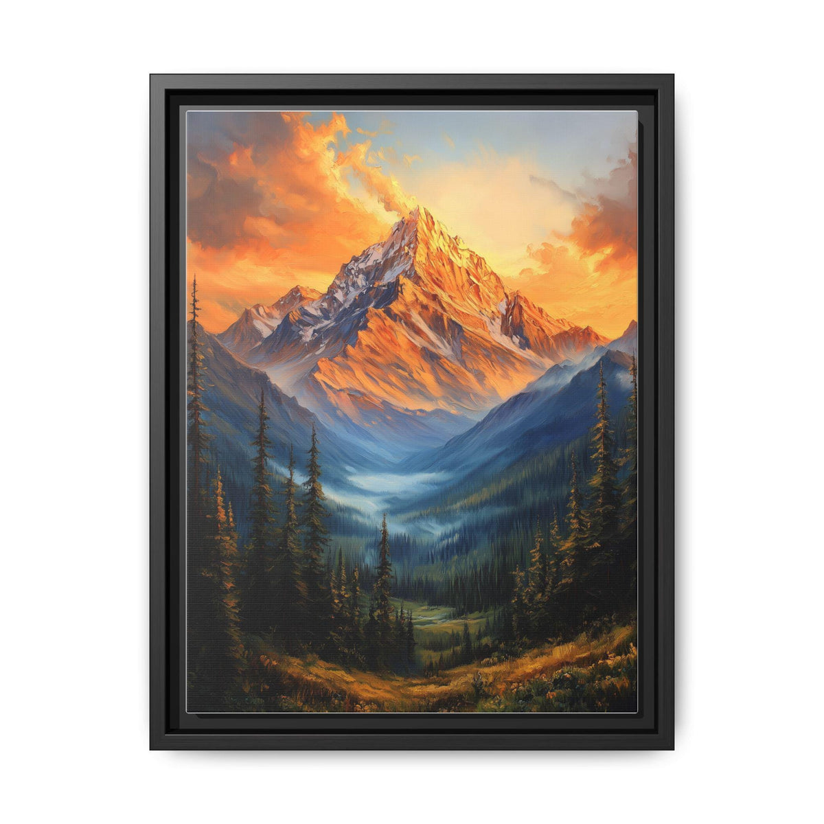 Mountain wall art framed canvas print in a black wood frame