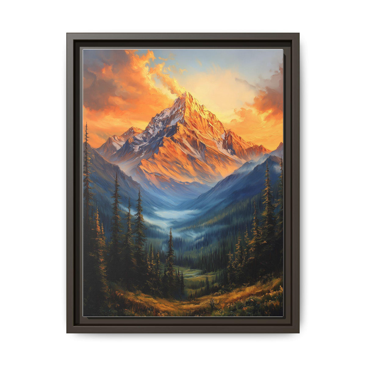 Mountain wall art framed canvas print in an espresso wood frame