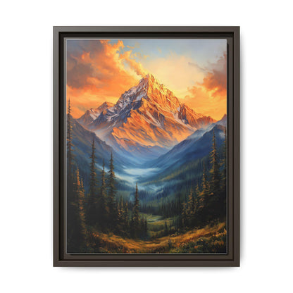 Mountain wall art framed canvas print in an espresso wood frame