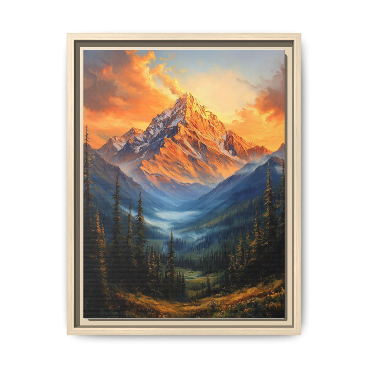 Mountain wall art framed canvas print in a natural wood frame