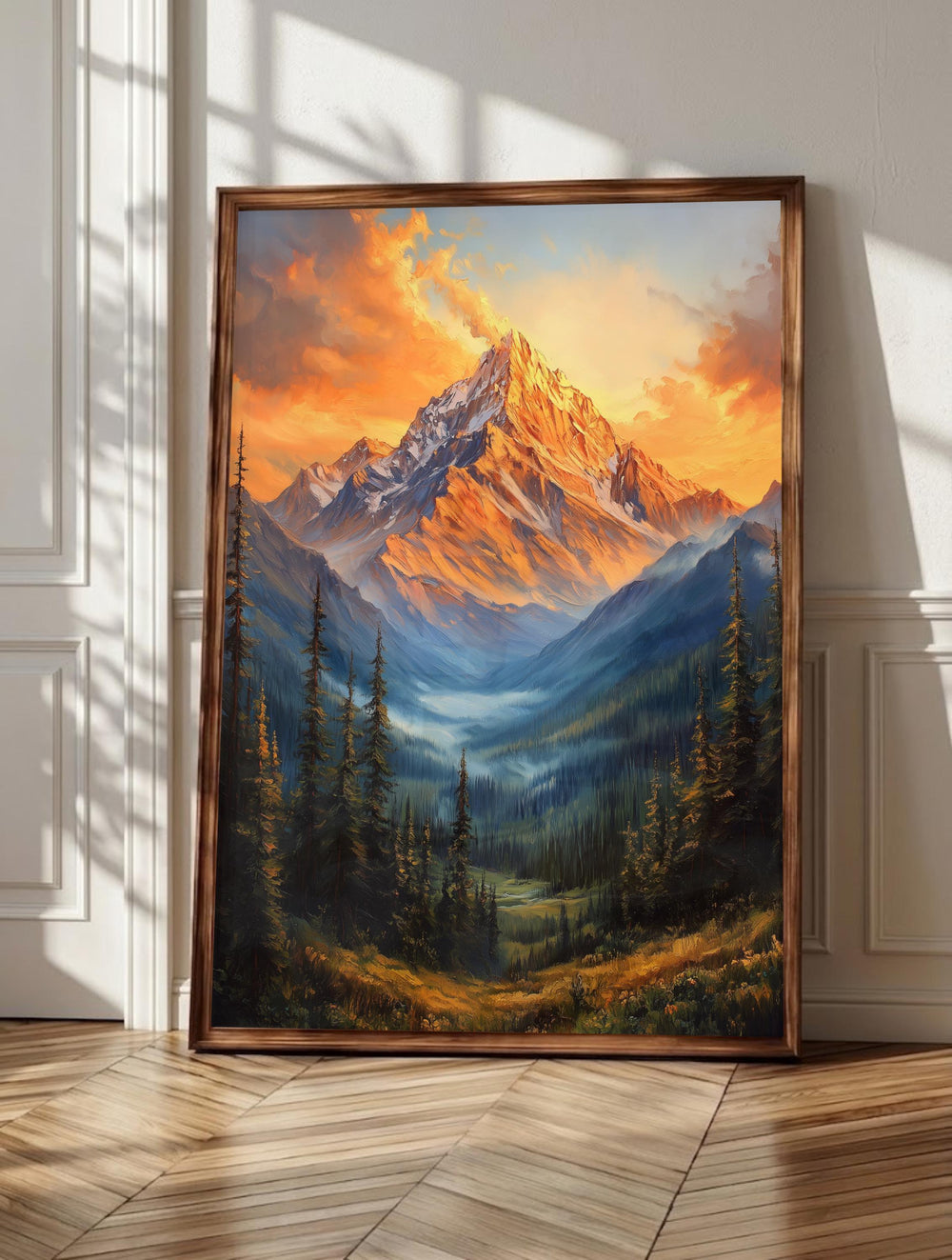Mountain wall art: an alpine range caught in the last light before sunset, framed canvas