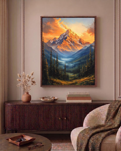 Painterly alpine landscape in dusk blue, violet and warm gold, ready to hang