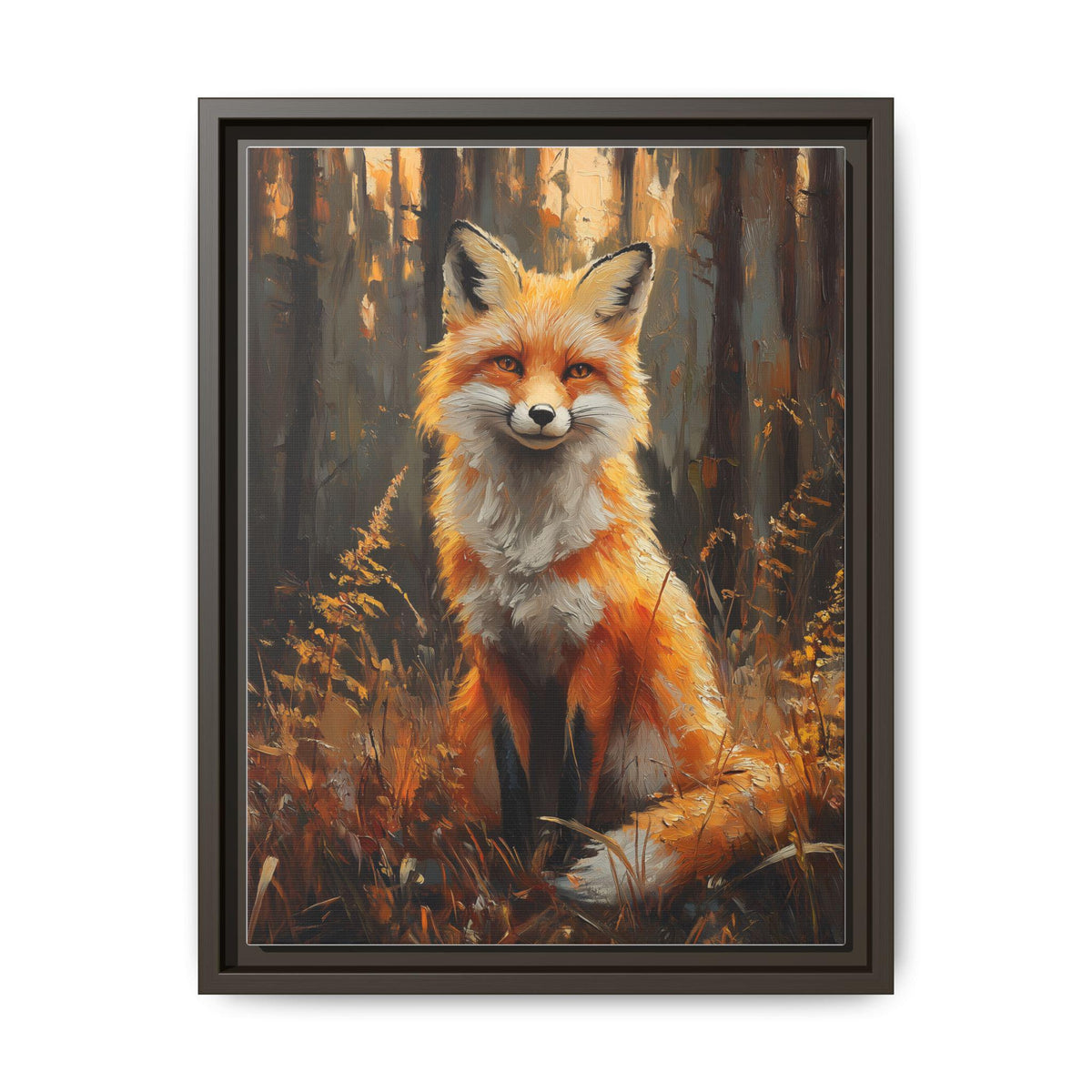 Fox wall art framed canvas print in an espresso wood frame