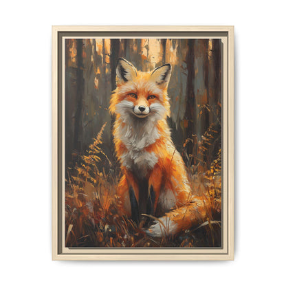 Fox wall art framed canvas print in a natural wood frame