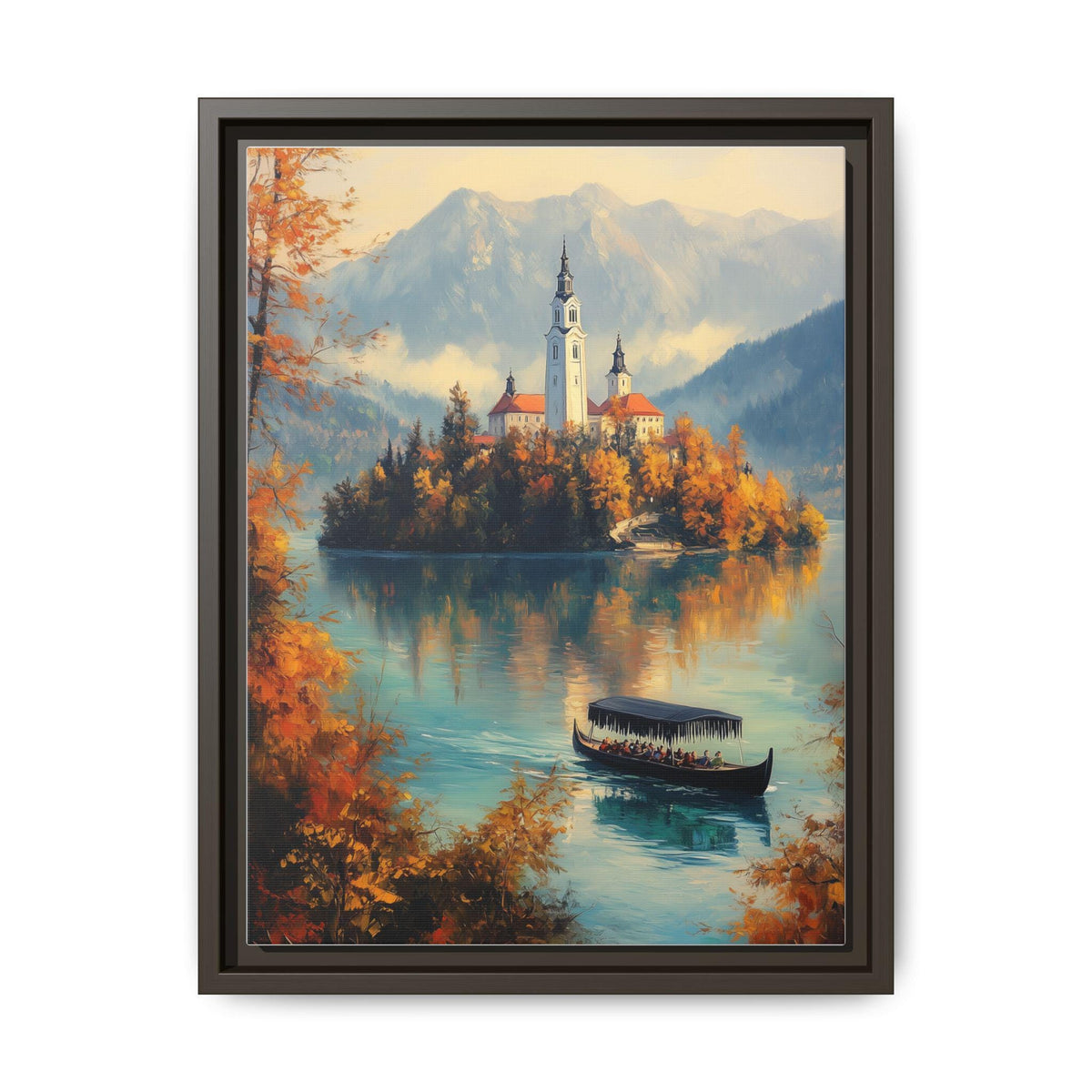 Lake Bled wall art framed canvas print in an espresso wood frame
