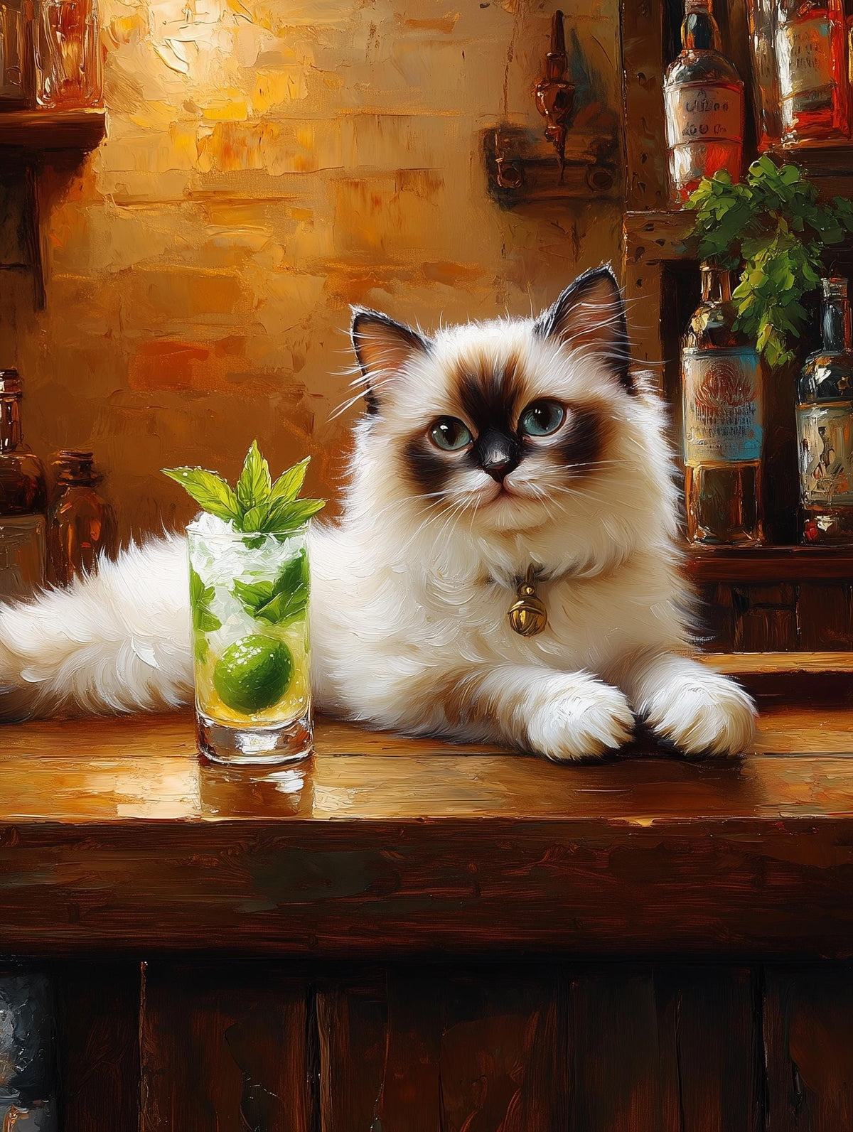 Painterly cat cocktail canvas print with a mojito of fresh mint and lime
