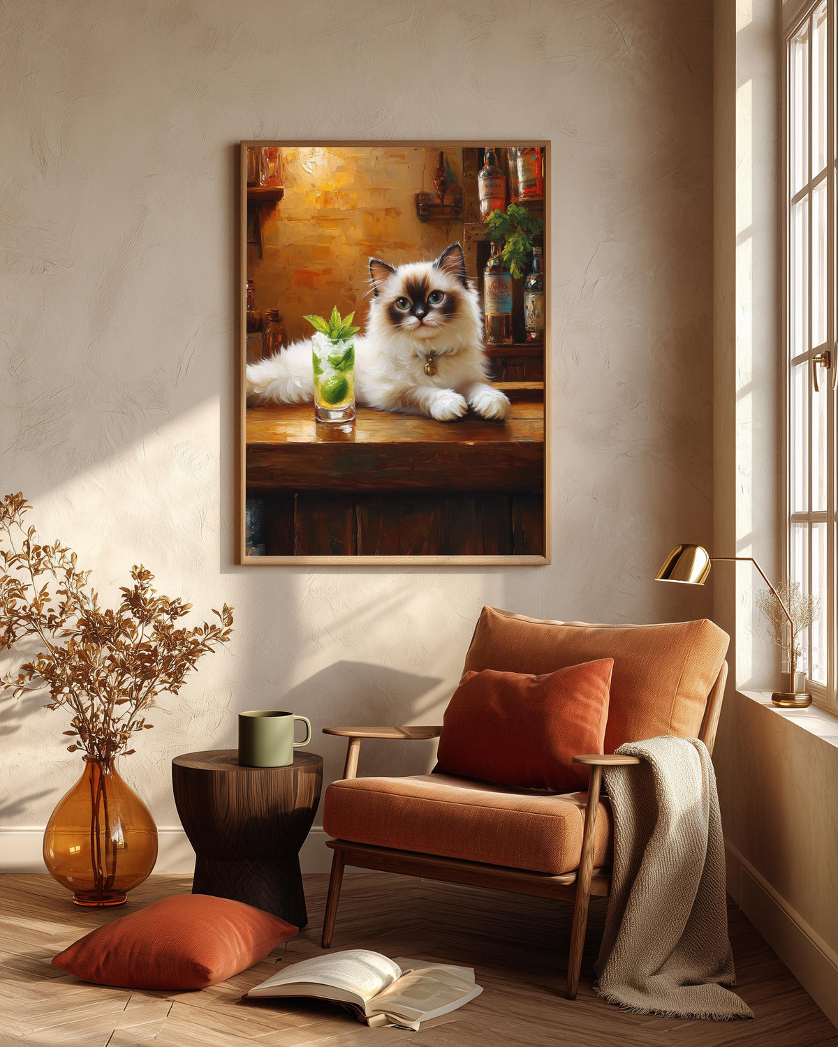 Whimsical cat framed canvas art on cotton canvas, ready to hang