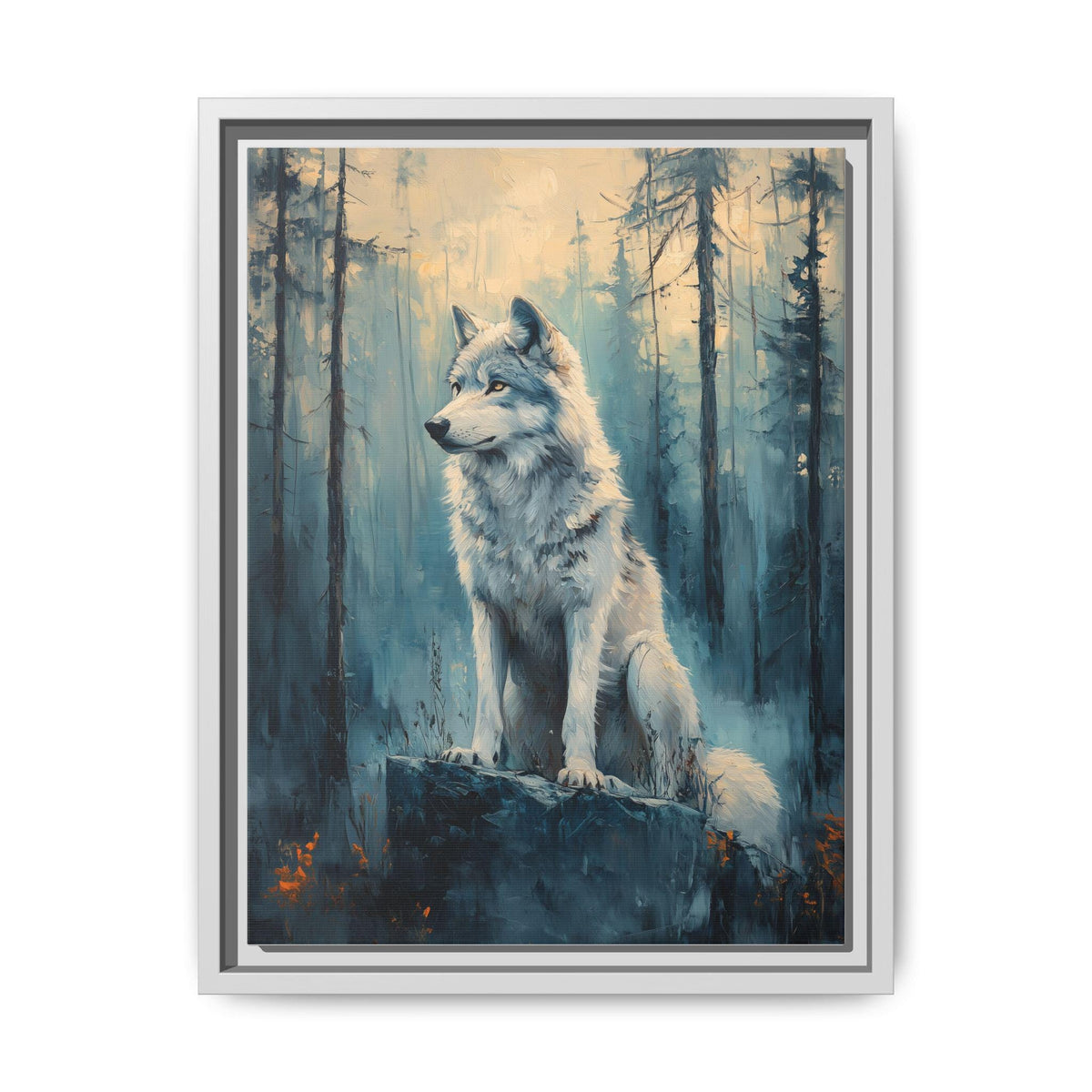 Wolf wall art framed canvas print in a white wood frame