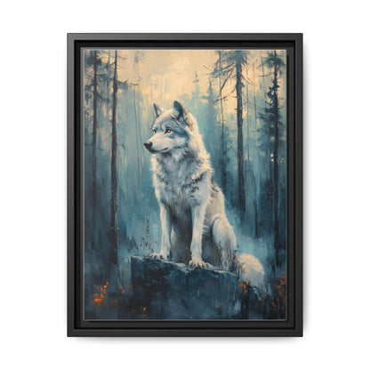 Wolf wall art framed canvas print in a black wood frame