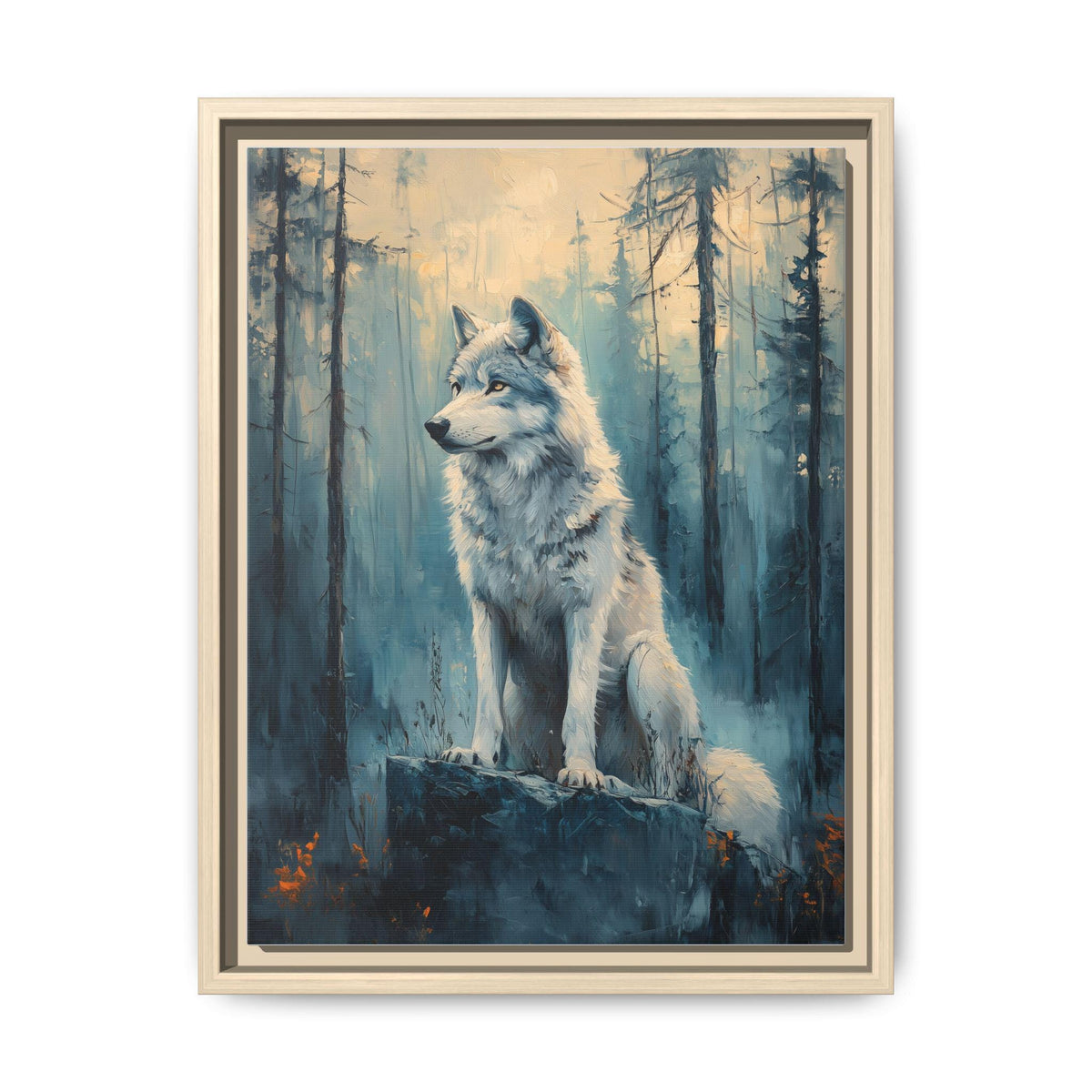 Wolf wall art framed canvas print in a natural wood frame