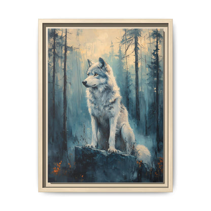 Wolf wall art framed canvas print in a natural wood frame