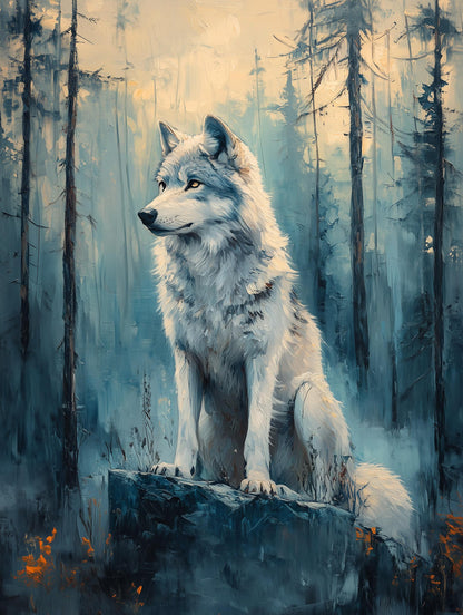 Painterly wolf canvas print with the forest worked in deep blue-green oils